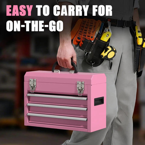 Person carrying 3-Drawer Metal Tool Box With Locking Mechanism And EVC Liners, Pink Finish, Heavy-Duty Steel Construction For Garage