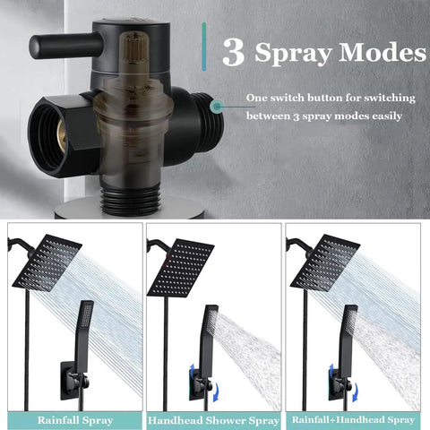 3 spray modes of the High Pressure Shower Head With Handheld And 8 Inch Rain Shower Head Brass Combo 78 Inch Hose Anti Leak All Metal