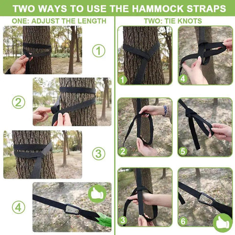 Instructions for setting up Kids Camping Hammock For Outdoor Fun Ultralight Gear With Tree Straps And Carabiners on trees