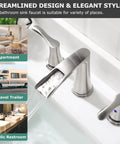 Waterfall Widespread Bathroom Faucet With Two Handles Matte Black Finish, Metal Pop Up Drain And Faucet Supply Lines, cUPC Certified, Demeter 1431804 No Brainer Setup shown in various settings