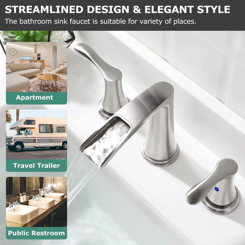 Waterfall Widespread Bathroom Faucet With Two Handles Matte Black Finish, Metal Pop Up Drain And Faucet Supply Lines, cUPC Certified, Demeter 1431804 No Brainer Setup shown in various settings