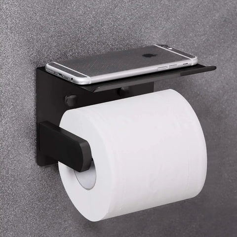Self Adhesive Or Drilling Toilet Paper Holder With Built In Phone Shelf, Stainless Steel Wall Mounted, Rustproof Black Bathroom Tissue Roll Holder