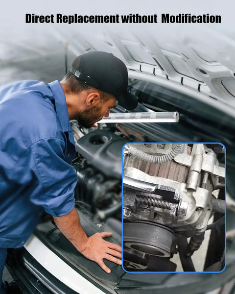 Keep Your Engine Running Slick With This Heavy Duty Alternator Pump Pulley Adjuster Kit Designed For Precision Belt Tension Control On Hyundai Elantra Accent And Tiburon Rides To Kill Squeal And Stop Slippage Cold. Mechanic inspecting alternator belt adjuster on vehicle.
