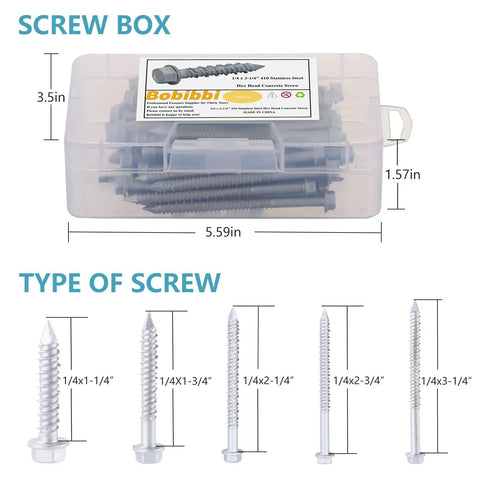 Straight Up Heavy Duty 1/4 X 1 1/4 Inch 410 Stainless Steel Hex Head Concrete Tapcon Screws For Masonry Brick Anchors 50 Piece Kit in storage box.