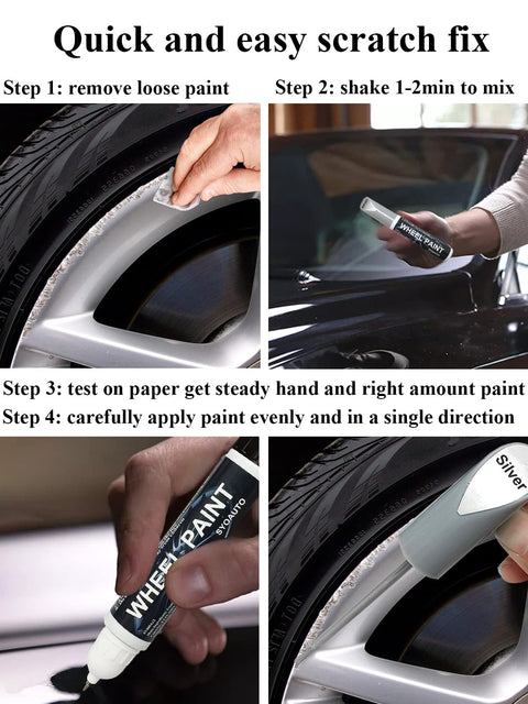 Steps to use Silver Rim Touch Up Paint Pen For Wheels And Car Rims Scratch Repair Kit To Seal Chips Universal Color Silver Wheel Paint