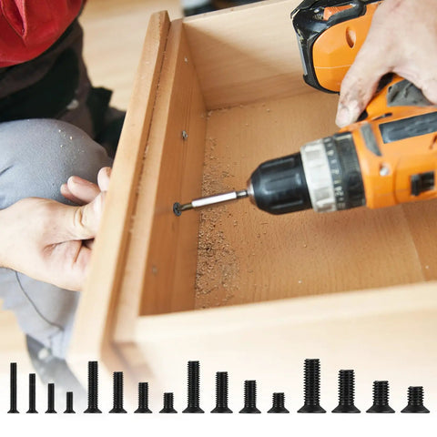 M2 To M5 Screws And Nuts Kit With Washers Black Phillips Countersunk Flathead in use for assembling drawer with drill