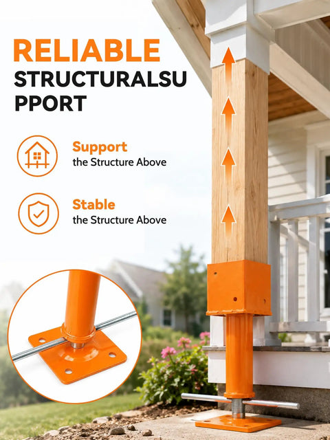 No Sweat Setup For Your Outdoor Build With These Heavy Duty 4 Pack Screw Jack Posts featuring orange steel screw jack under structure.