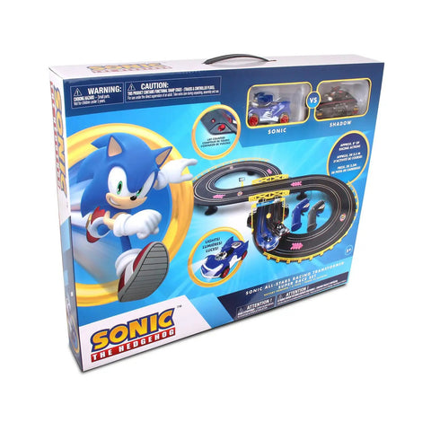 Packaging of Sonic And Shadow Race Track Set With Totally Lit Working Lights Lap Counter Figure Eight Slot Car Track