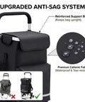 Grocery Cart That Climbs Stairs Foldable With 55L Cooler Pocket And 110 Lb Capacity, showing anti-sag feature and waterproof fabric.