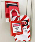Red 30 Pack Lockout Tagout Locks Keyed Alike For Stations And Devices OSHA Safety Lockout Tagout Kit securing a switch