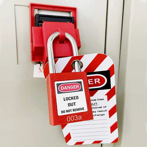 Red 30 Pack Lockout Tagout Locks Keyed Alike For Stations And Devices OSHA Safety Lockout Tagout Kit securing a switch