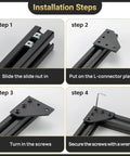 Installation steps for 2020 Aluminum Extrusion Corner Bracket Set With L Shape 90 Degree Connectors showing T-nuts, screws, and wrench usage.