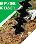 Close-up of Beast Mode Garden Auger Drill Bit Extension in dirt, showcasing double-flight steel for 5-6in pots, 28in length.