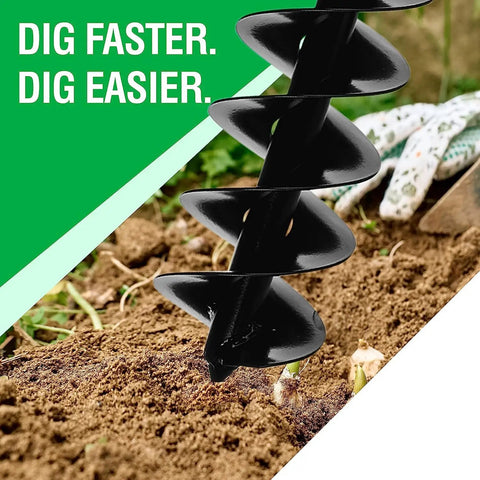 Close-up of Beast Mode Garden Auger Drill Bit Extension in dirt, showcasing double-flight steel for 5-6in pots, 28in length.