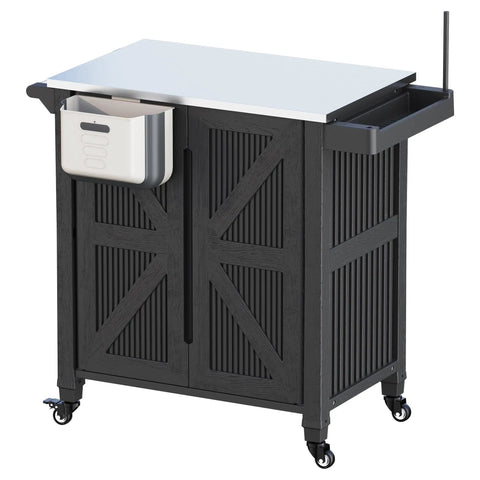 Outdoor Grill Cart With Stainless Steel Top, Rolling Utility Station, 2 Tier Storage Cabinet, patio BBQ station on wheels