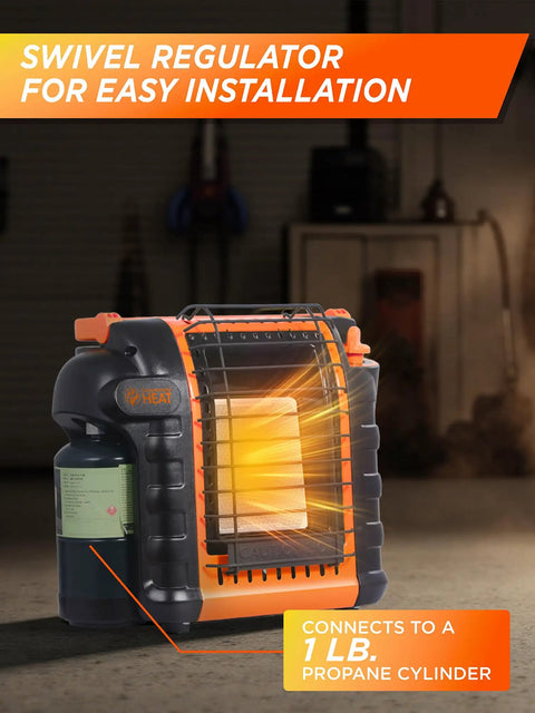 9000 BTU Portable Propane Heater For Outdoor Use That Kicks Heat Up To 300 Sq Ft Two Heat Settings From 4000 To 9000 BTU Swivel Regulator For 1 Pound Propane Tank Patio Camping Outdoor Emergency Heater Orange with swivel regulator and connects to 1 lb propane cylinder