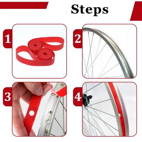 Two Pack 29 Inch Rim Tape For Road And Mountain Bikes, 13mm Wide, 0.5mm Thick, PVC Rim Strip Tape, Red Color, installation steps
