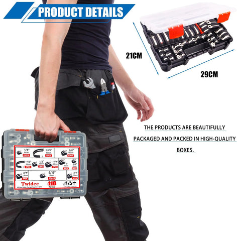 Front view of Twidec 110-piece stainless steel rubber-coated cable clamps set in handheld box