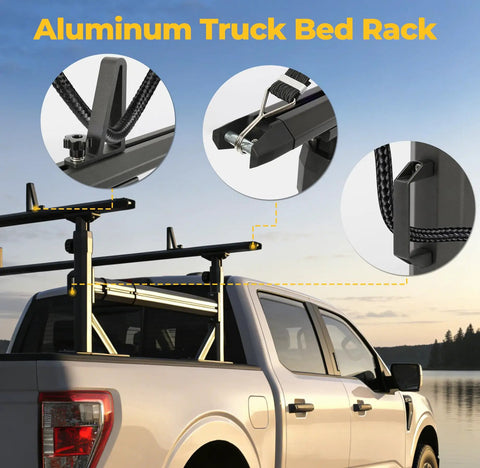 Adjustable Aluminum Truck Ladder Rack With Side Bar Clamp On No Drill Install Fits F150 Silverado Ram Sierra Heavy Duty 1100 Lbs Capacity Haul Ladders Kayaks Bikes With Quick Release Knobs And 4 Position Height 19 To 25 Inches on pickup bed