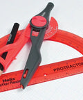 Slick Twist Lock Compass And Protractor Set For Precise Geometry Drafting with red protractor, pencil, and compass on graph paper.