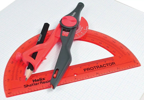 Slick Twist Lock Compass And Protractor Set For Precise Geometry Drafting with red protractor, pencil, and compass on graph paper.