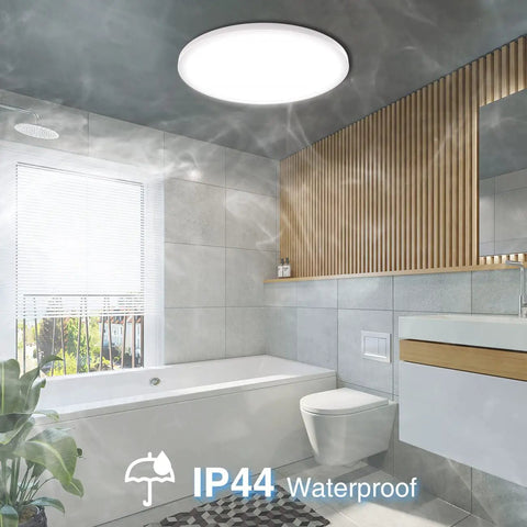 Bathroom with Six Pack 12 Inch Dimmable Flush Mount LED Ceiling Light 28W 3200LM 5000K Daylight White No Flicker Bright