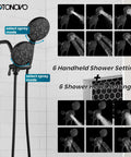 Two In One Shower Valve With Trim Kit Matte Black Shower Head And Handle Set For Bathroom High Pressure Brass Rough In Valve With Three Modes Easy Install And Dope Matte Black Finish showing spray modes and settings chart.
