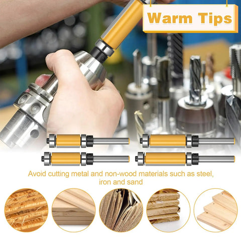 Flush Trim Router Bit Set With Top And Bottom Bearings in use for precise edge routing on a wood surface, shown with warm tips.
