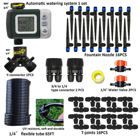 Automatic Drip Irrigation Kit With Water Timer 82 Ft 1 Quarter Inch Hose For 16 Sprinkler Heads Garden components layout