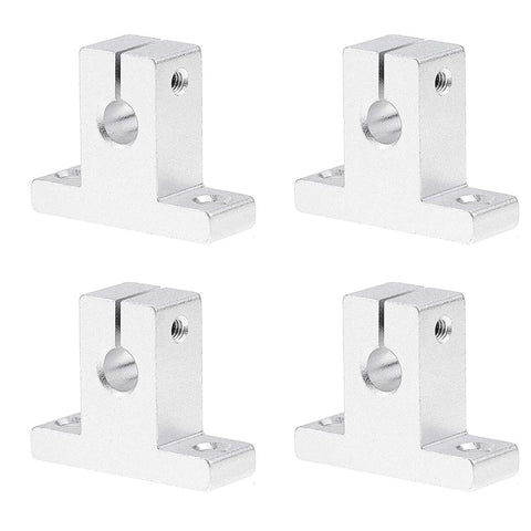 Set of four silver aluminum L-shaped rail supports for 8mm linear motion rods with mounting holes.