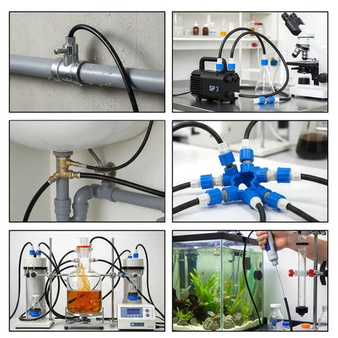 Beefy Silicone Vacuum Hose For Automotive Vacuum Lines, shown in various laboratory and aquarium setups, showcasing versatility.