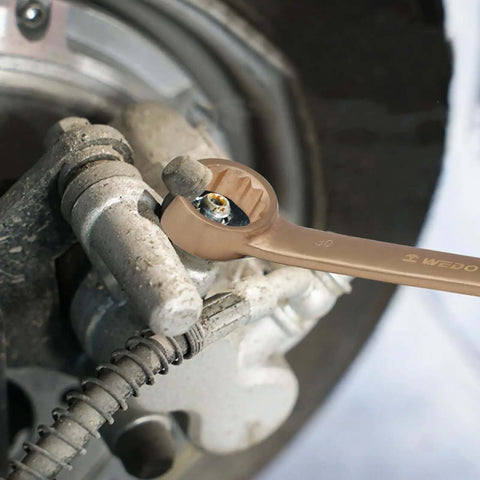 No-Spark Flare Nut Wrench 6x7mm Brake Line Wrench Metric, 95mm Length, Beryllium Copper, non-magnetic, 15 degree offset head in use.
