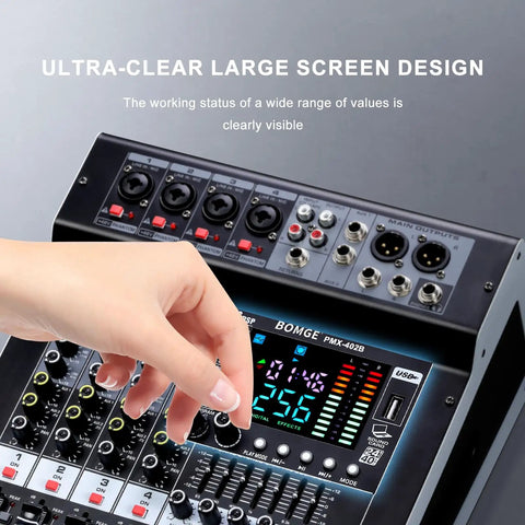 Close-up of Four Channel Audio Interface Mixer With 256 DSP Bluetooth Connectivity 48V Phantom Power And Two 350W Amplifiers