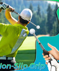 Golf Swing Trainer With Real Time Click Feedback And Retractable Club Grip in use by a golfer, showcasing non-slip grip.