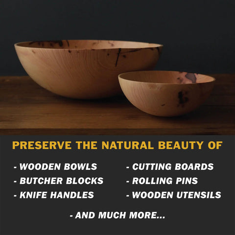 Wooden bowls on a table, FDA Food Safe Wood Wax For Cutting Boards And Kitchen Boards 3 Oz Can Black Board Cream And Wax Made In USA Food Grade Finish For Durable Protection And Water Resistance.