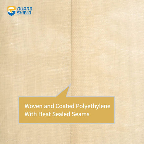 Close-up of beige 10mil woven polyethylene with heat-sealed seams in a 12x20 ft heavy-duty tarp.