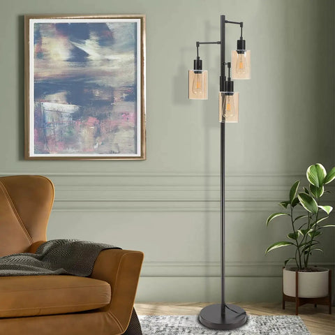 Dimmable 3-Light Oil Rubbed Bronze Farmhouse Floor Lamp With Amber Glass Shades in living room setting
