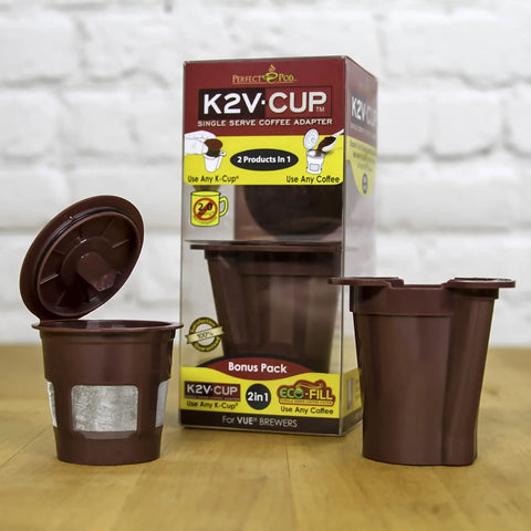 Reusable Coffee Pod For Keurig Vue Coffee Makers, Brew Your Own Fresh Coffee, Save Dough And Cut Waste, Brown cup with adapter.