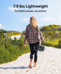 Person walking on a sandy path carrying Portable 204Wh LiFePO4 Solar Generator With Two 300W AC Outlets Six Output Ports