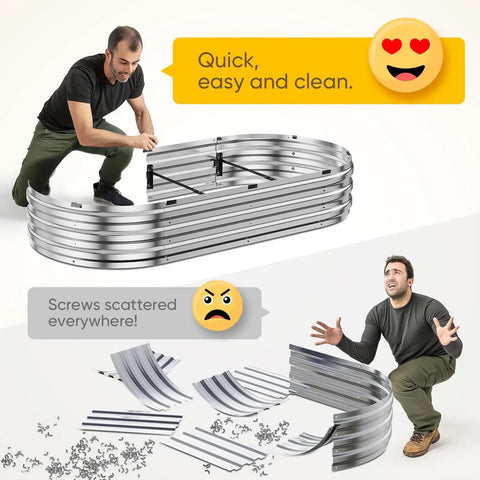 Raised Garden Bed Kit With Quick Snap Lock Assembly Galvanized Metal Planter Box in use and disassembled view