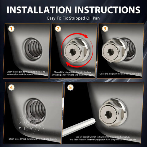 Installation instructions for Oversize 1/2-20 Magnetic Piggyback Oil Drain Plug Kit with images of threaded oil pan repair process.