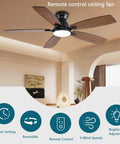 Total Room Glow Up 52 Inch Low Profile Ceiling Fan With Smart Ambient Lighting, Remote And Smartphone App Control, Whisper Silent DC Reversible Motor, Six Tuned Speeds, Easy Peasy Flush Mount, Brown Finish For Bedroom Or Chill Spot in modern living room setting.