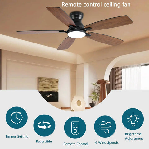 Total Room Glow Up 52 Inch Low Profile Ceiling Fan With Smart Ambient Lighting, Remote And Smartphone App Control, Whisper Silent DC Reversible Motor, Six Tuned Speeds, Easy Peasy Flush Mount, Brown Finish For Bedroom Or Chill Spot in modern living room setting.