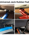 Heavy Duty Rubber Floor Jack Pad for Pinch Weld Frame Rail Protecting Your Car Frame During Lifts shown in use on various jacks