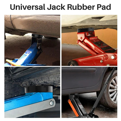 Heavy Duty Rubber Floor Jack Pad for Pinch Weld Frame Rail Protecting Your Car Frame During Lifts shown in use on various jacks