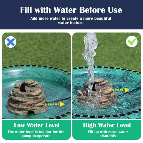 Durable Resin Rock Fountain With Realistic Stone Texture showing low and high water levels. Brown finish, adjustable spray.