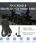 Road And Gravel Bike Inner Tubes 700C 18 To 25 Size With 48mm Presta Valve Pack Of 6 Durable Butyl Tubes product display