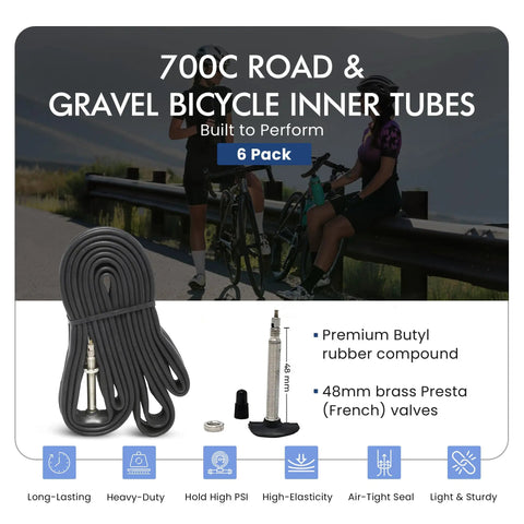 Road And Gravel Bike Inner Tubes 700C 18 To 25 Size With 48mm Presta Valve Pack Of 6 Durable Butyl Tubes product display