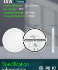 Slim Dope 7 Inch LED Flush Mount Ceiling Light Dimmable 5 CCT Selectable 2700K 3000K 4000K 5000K 6000K For Bedroom Energy Star ETL Listed White Four Pack Today, side and front view of light with specifications