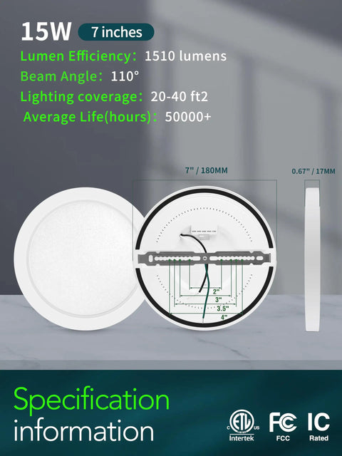 Slim Dope 7 Inch LED Flush Mount Ceiling Light Dimmable 5 CCT Selectable 2700K 3000K 4000K 5000K 6000K For Bedroom Energy Star ETL Listed White Four Pack Today, side and front view of light with specifications